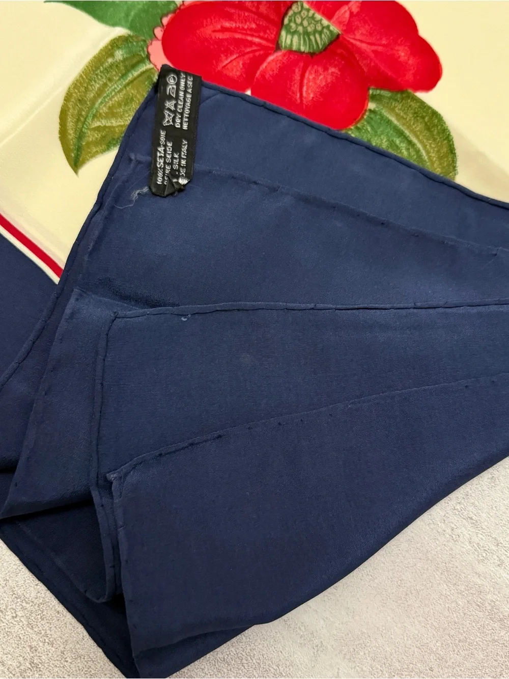 CHANEL Navy, Cream & Red Floral Silk Scarf